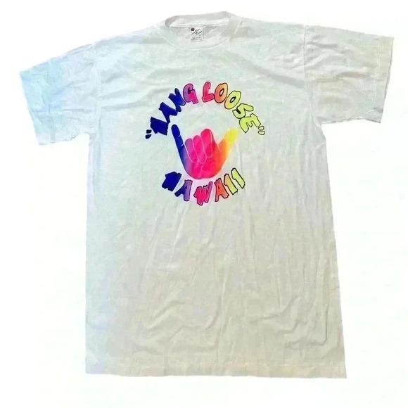VINTAGE Hang Loose Hawaii Extra Large White Shaka Single Stitch Tshirt 90s - Picture 1 of 8